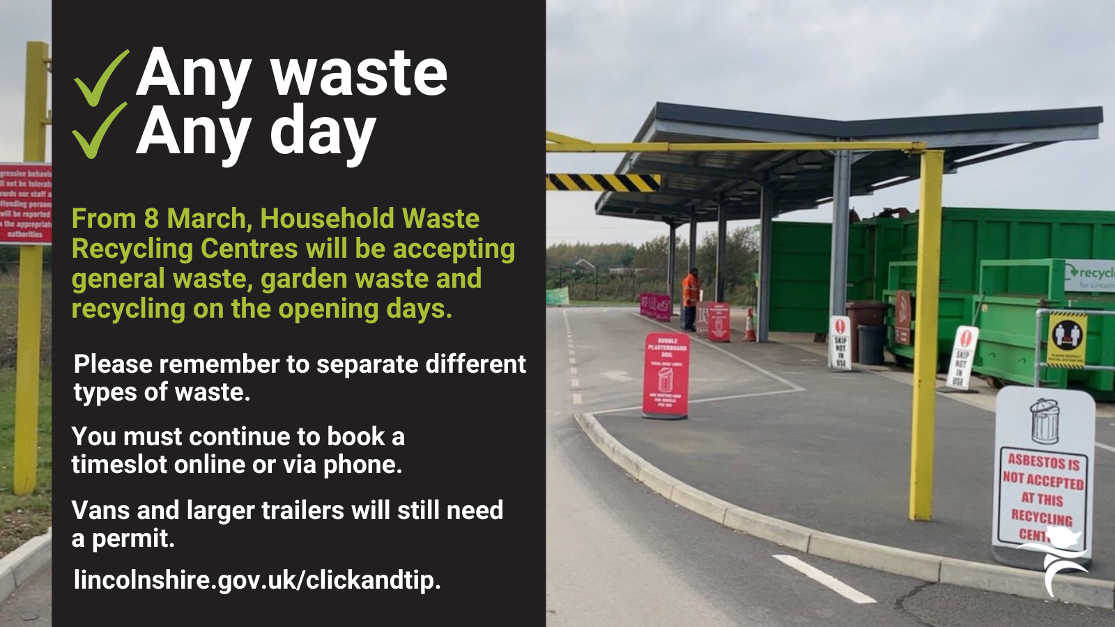 Info on opening times for Recycling Centres after March 8th 2021